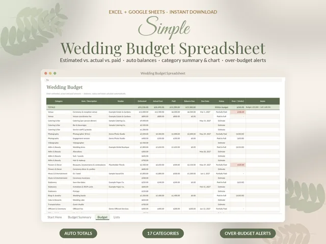 Wedding Budget Spreadsheet preview